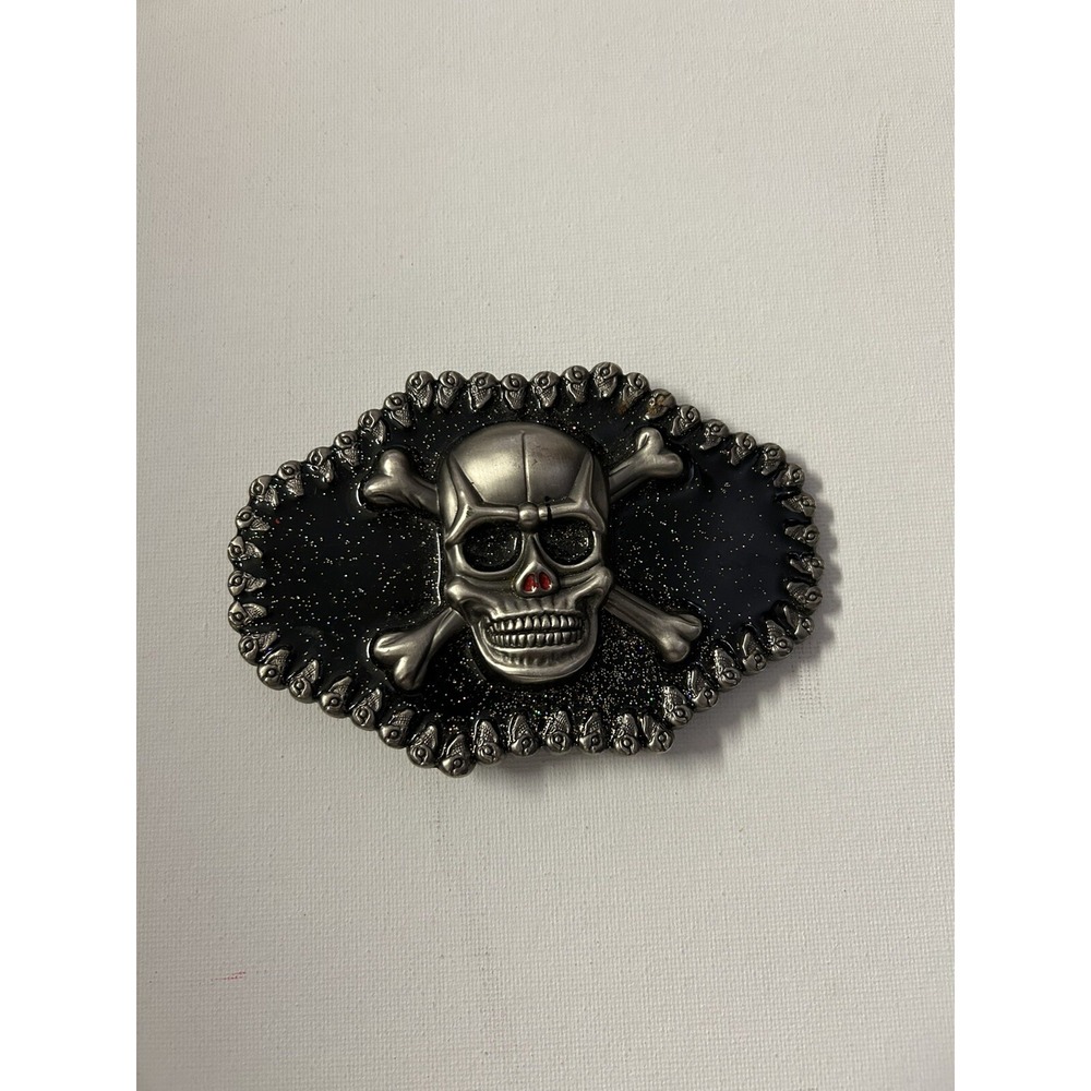 Large Skull And Bones Belt Buckle Silver Chrome Black